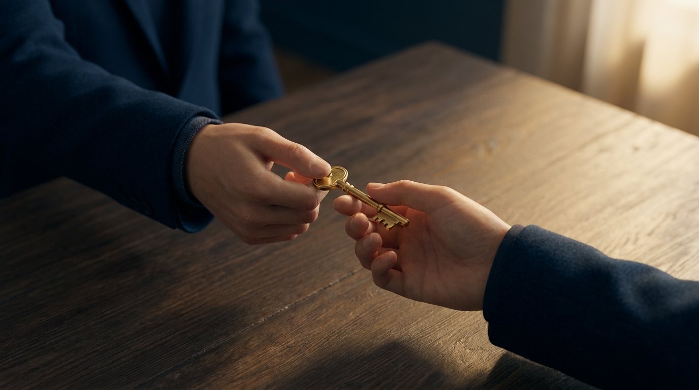 Zwei Hände über einem Tisch bei der Übergabe eines goldenen Schlüssels