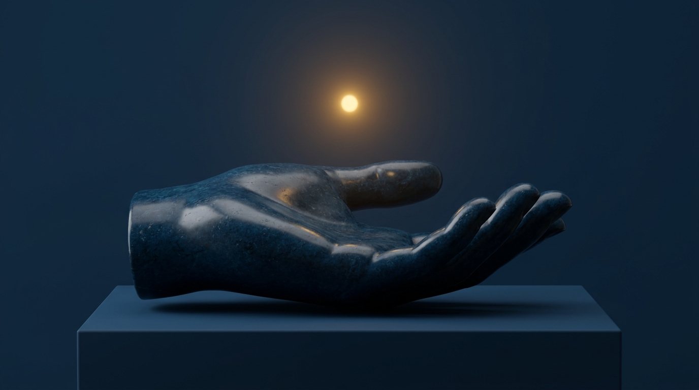 Offene leere Steinhand, darüber ein goldener Lichtpunkt
