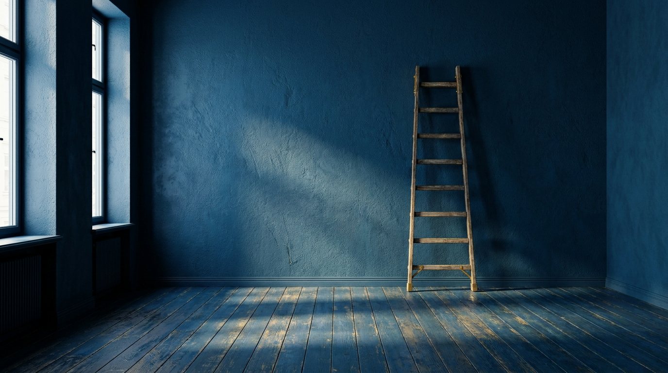 Leerer Altbauraum mit hohen Fenstern und einer Leiter an der Wand