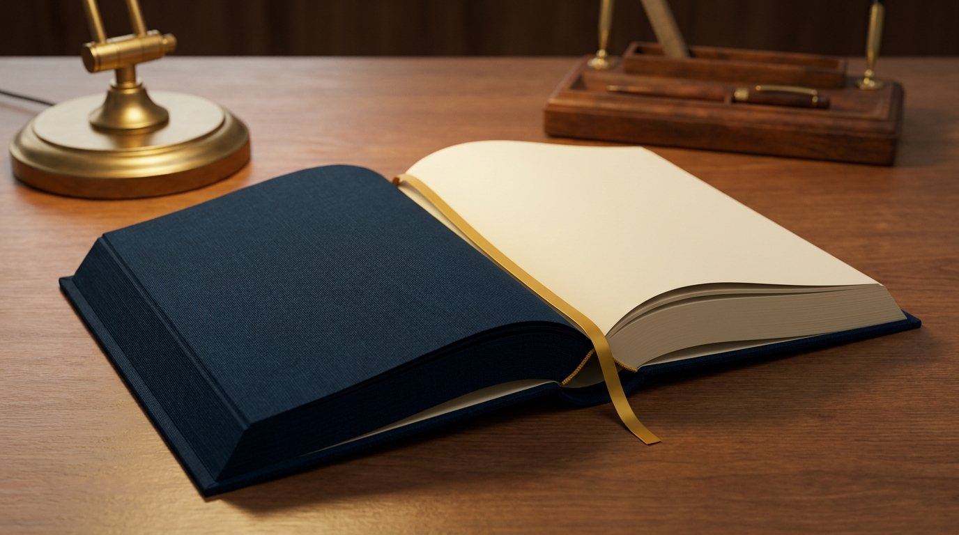 Aufgeschlagenes Gesetzbuch mit goldenem Lesebändchen