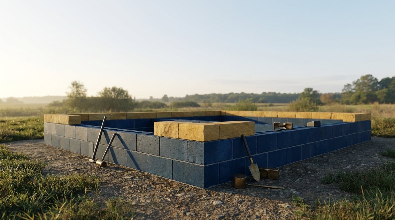 Fundament aus Betonquadern mit der ersten Steinreihe darauf