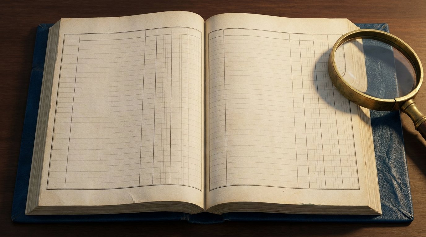 Aufgeschlagenes Registerbuch mit leeren Spalten und einer Lupe