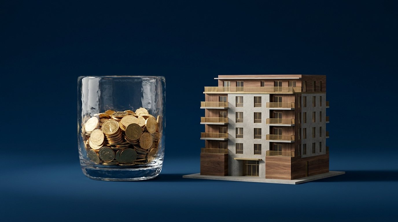 Halb gefülltes Glas mit Münzen neben einem Hausmodell