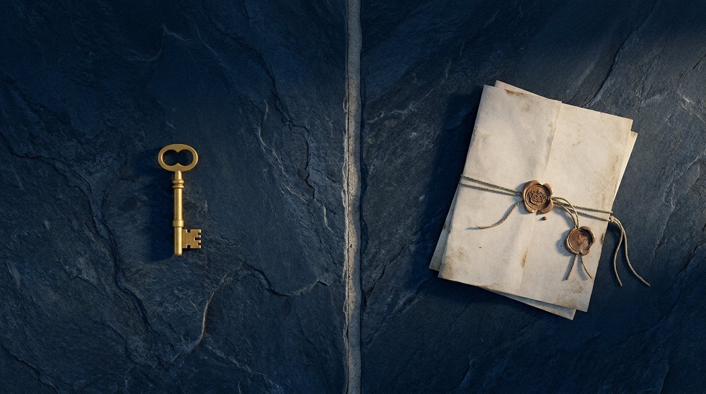 Ein goldener Schlüssel und ein Dokument auf zwei getrennten Steinplatten