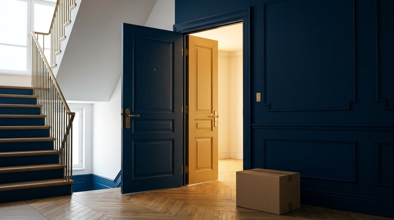 Offene Wohnungstür mit Blick in einen renovierten leeren Raum