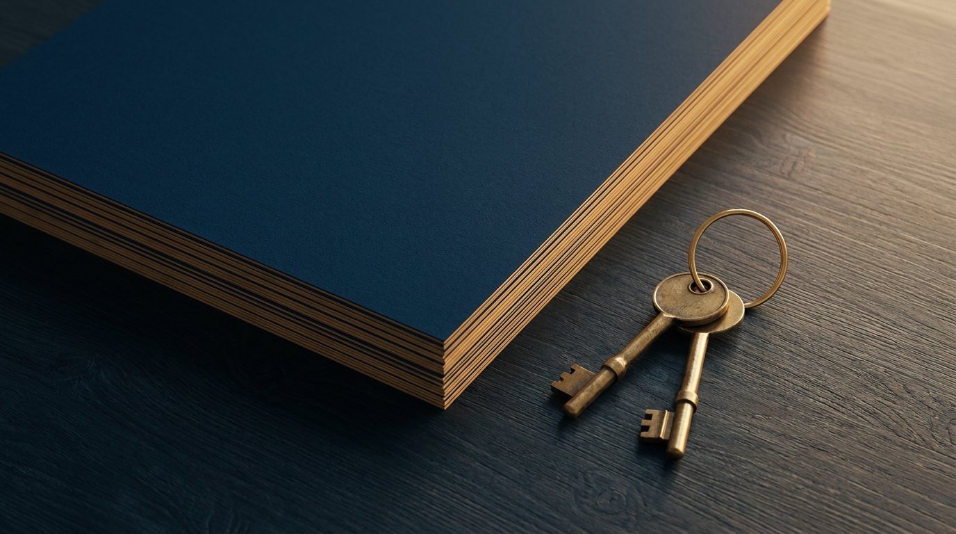 Gestapelter Vertragssatz mit zwei Schlüsseln an einem goldenen Ring