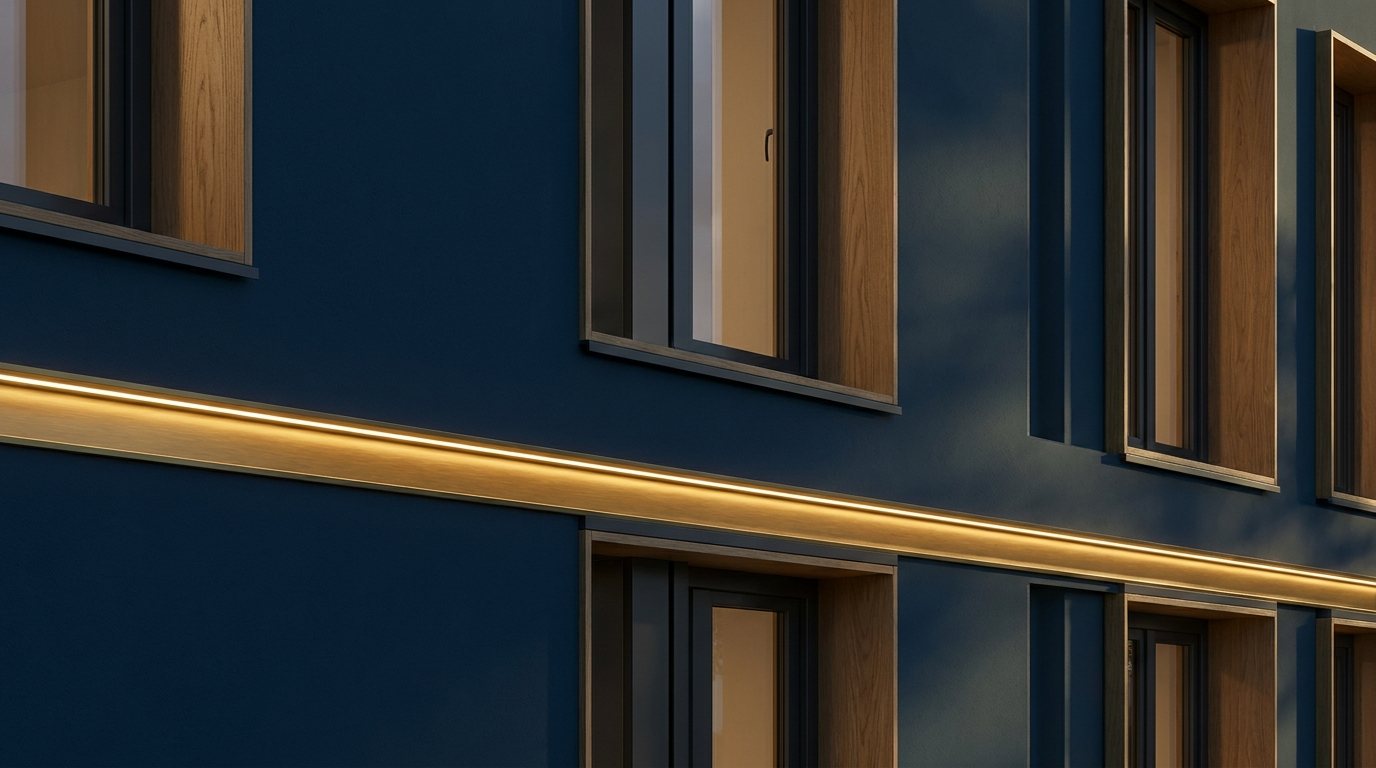 Sanierte Fassade mit neuen Fenstern und goldenem Lichtband