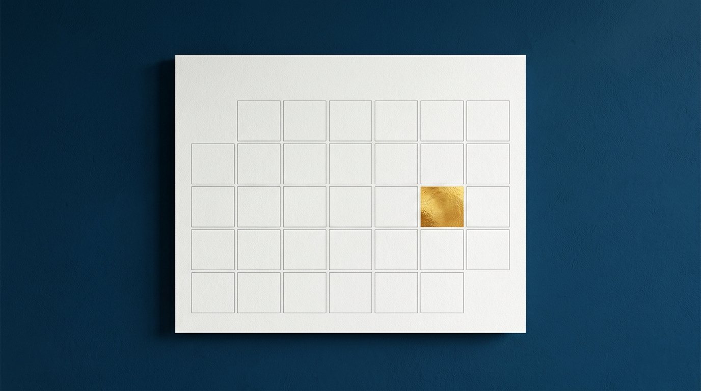 Wandkalender an marineblauer Wand mit einem golden markierten Feld