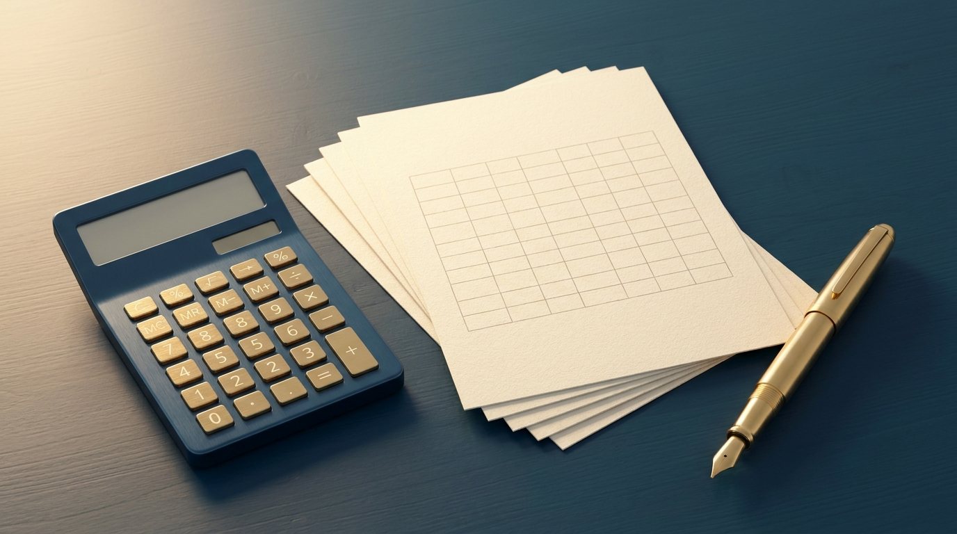 Schreibtisch mit Taschenrechner und gefächerten Tabellenbögen