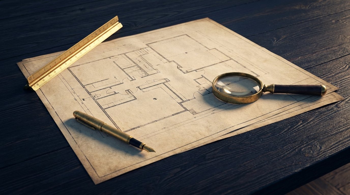 Ausgebreiteter Grundriss mit Maßstab, Stift und Lupe