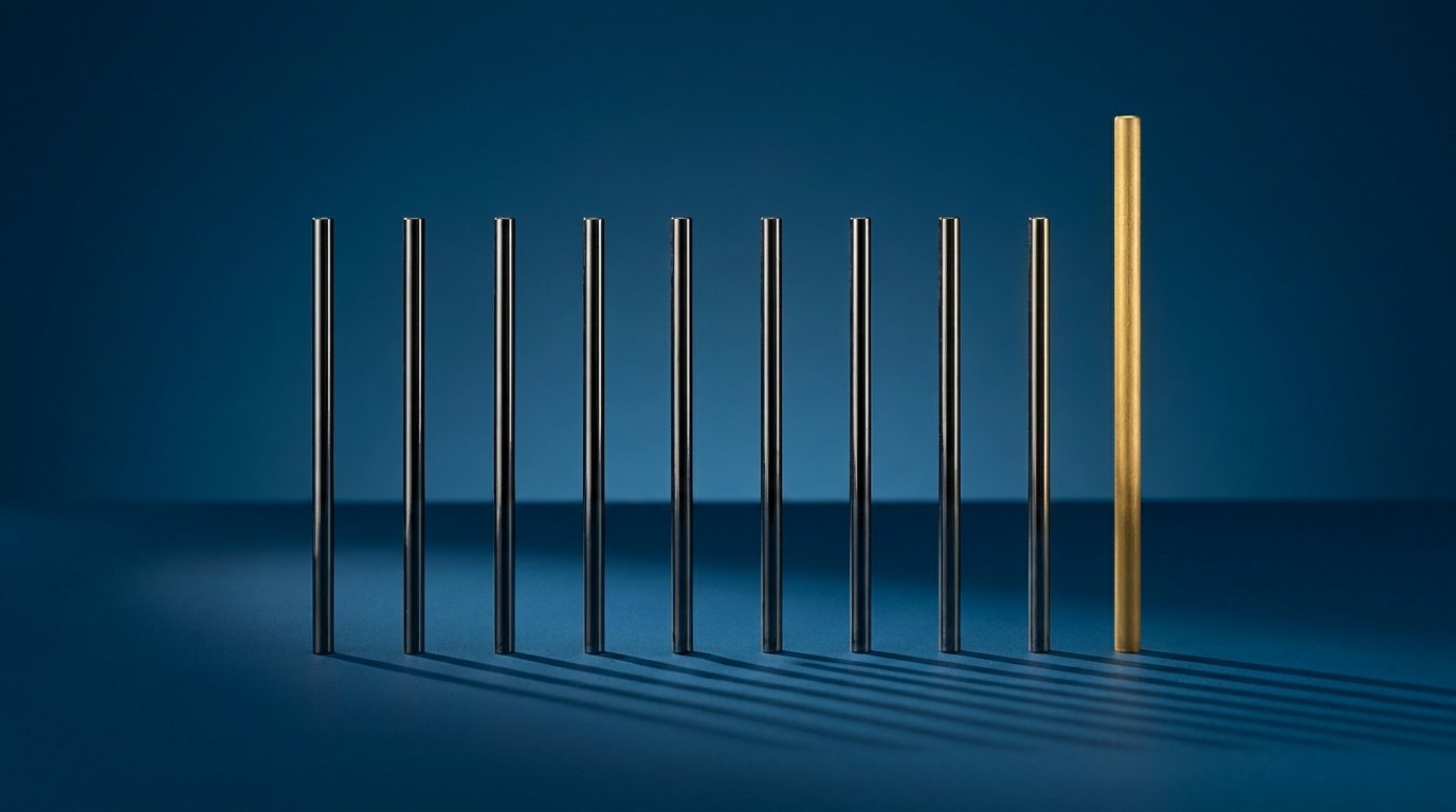 Zehn Metallstäbe, der zehnte golden und höher