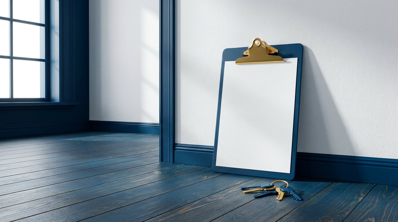 Klemmbrett mit leerem Formular an einer weißen Wand, davor ein Schlüsselbund