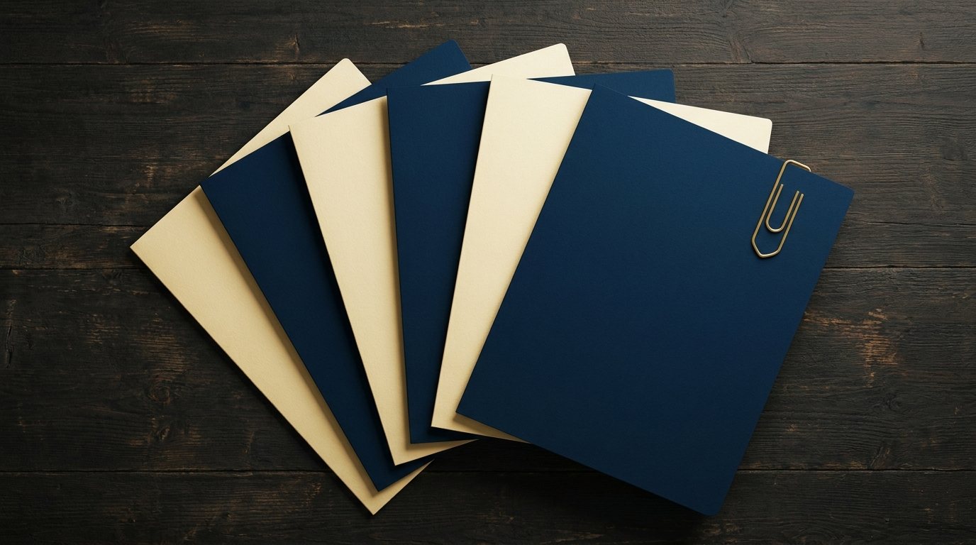 Sieben gefächerte Dokumentenmappen mit goldener Büroklammer