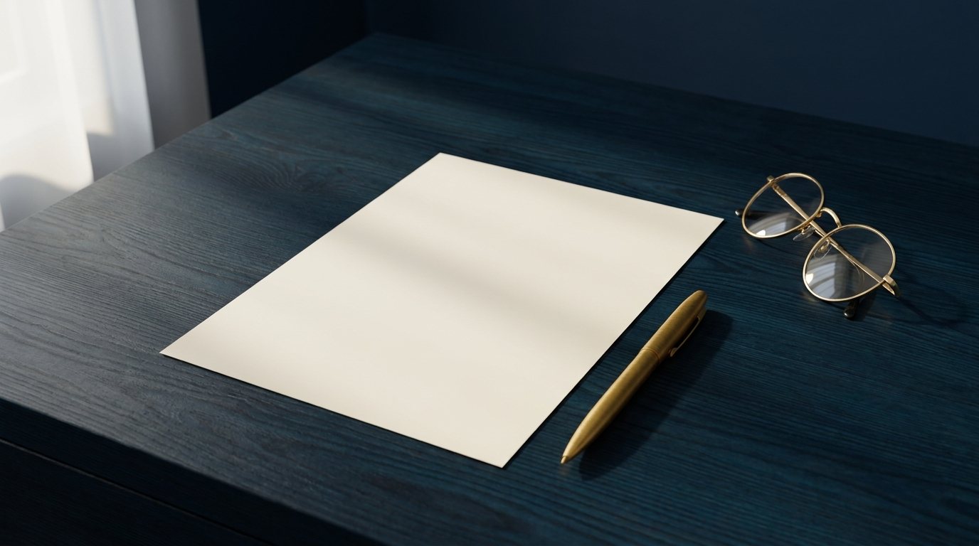 Leeres Formularblatt mit goldenem Stift und Brille