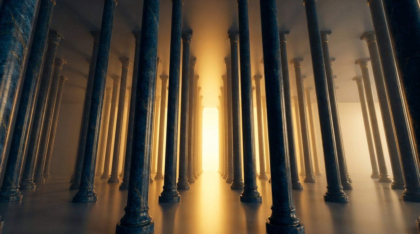 Viele Säulen führen zu einem gemeinsamen goldenen Lichtpunkt