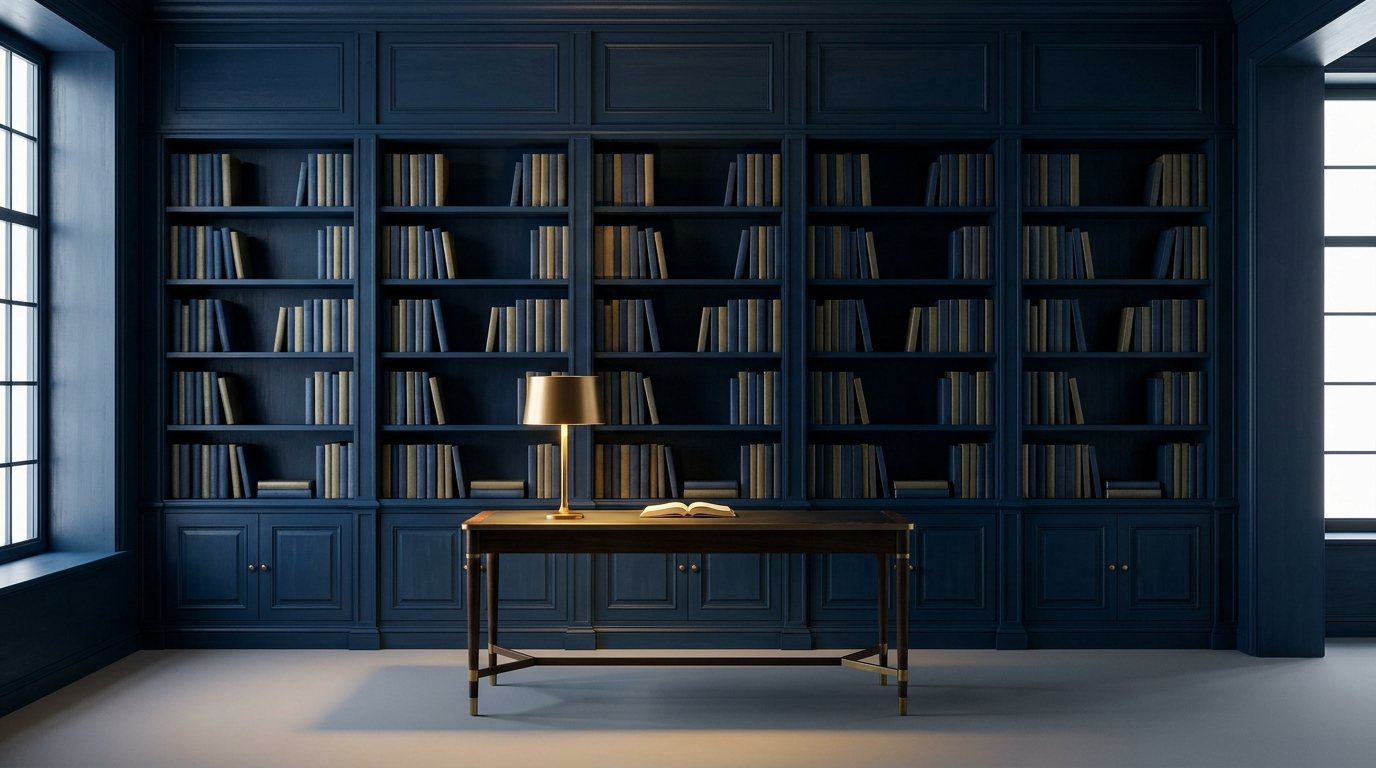 Bibliothekswand aus dunklem Holz mit einem beleuchteten Lesetisch