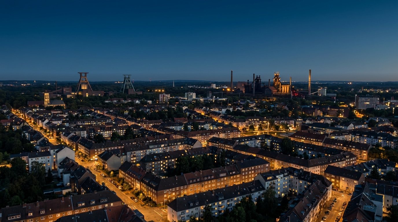 Blick über das abendliche Ruhrgebiet mit warmen Fensterlichtern
