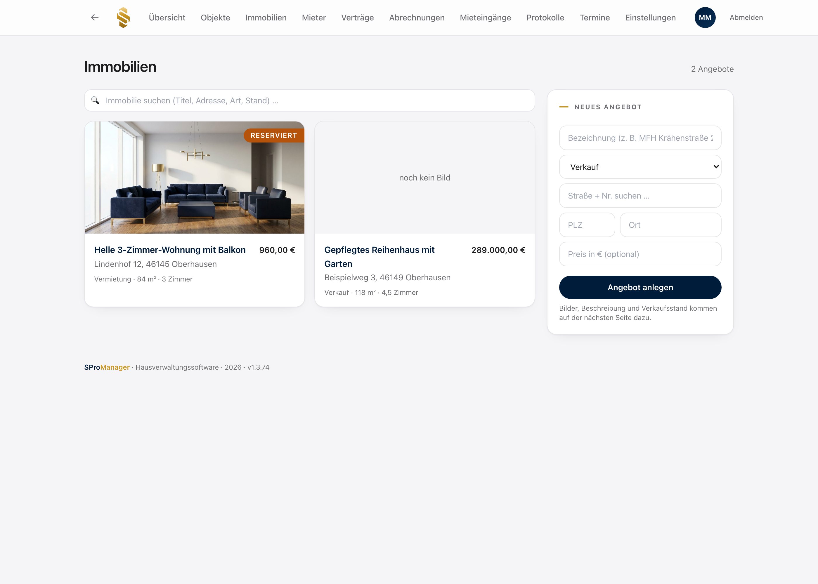 Immobilien-Inserate im SPro Manager mit Status Verfügbar und Reserviert (Beispieldaten)