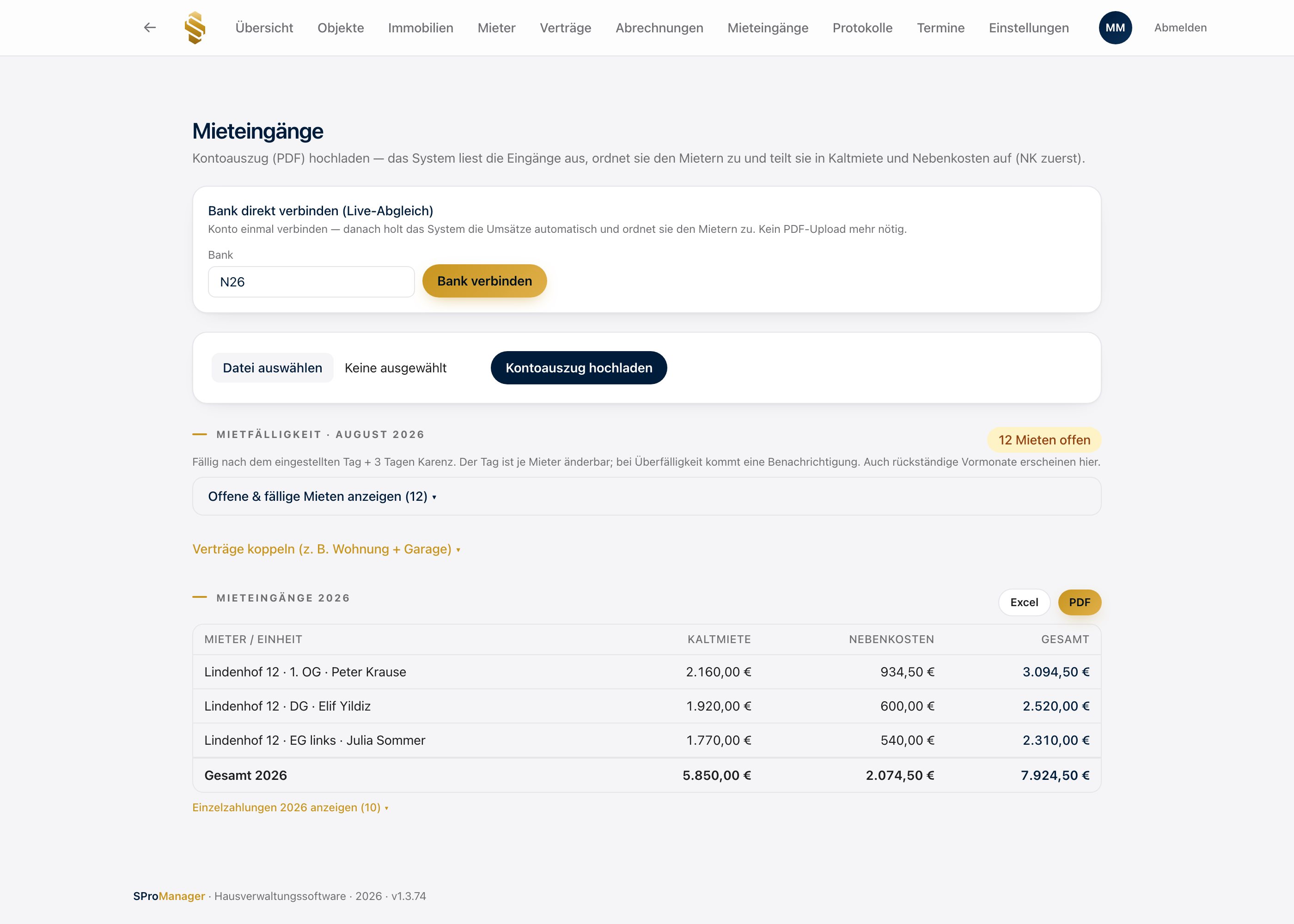 Mieteingänge im SPro Manager: Bankkonto verbinden, Zahlungen automatisch zuordnen (Beispieldaten)