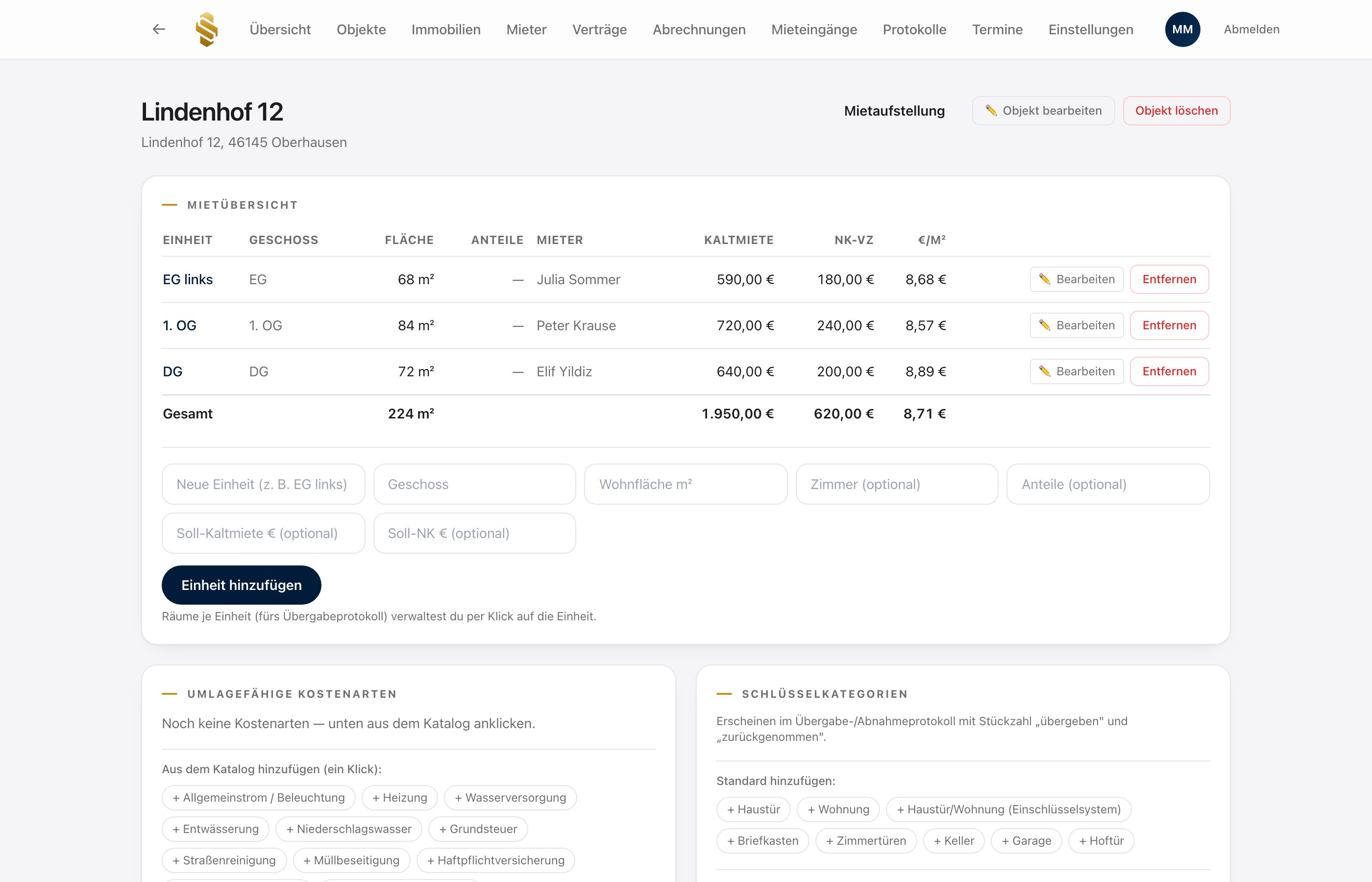 Mietübersicht eines Objekts im SPro Manager mit Einheiten, Flächen und Mieten (Beispieldaten)