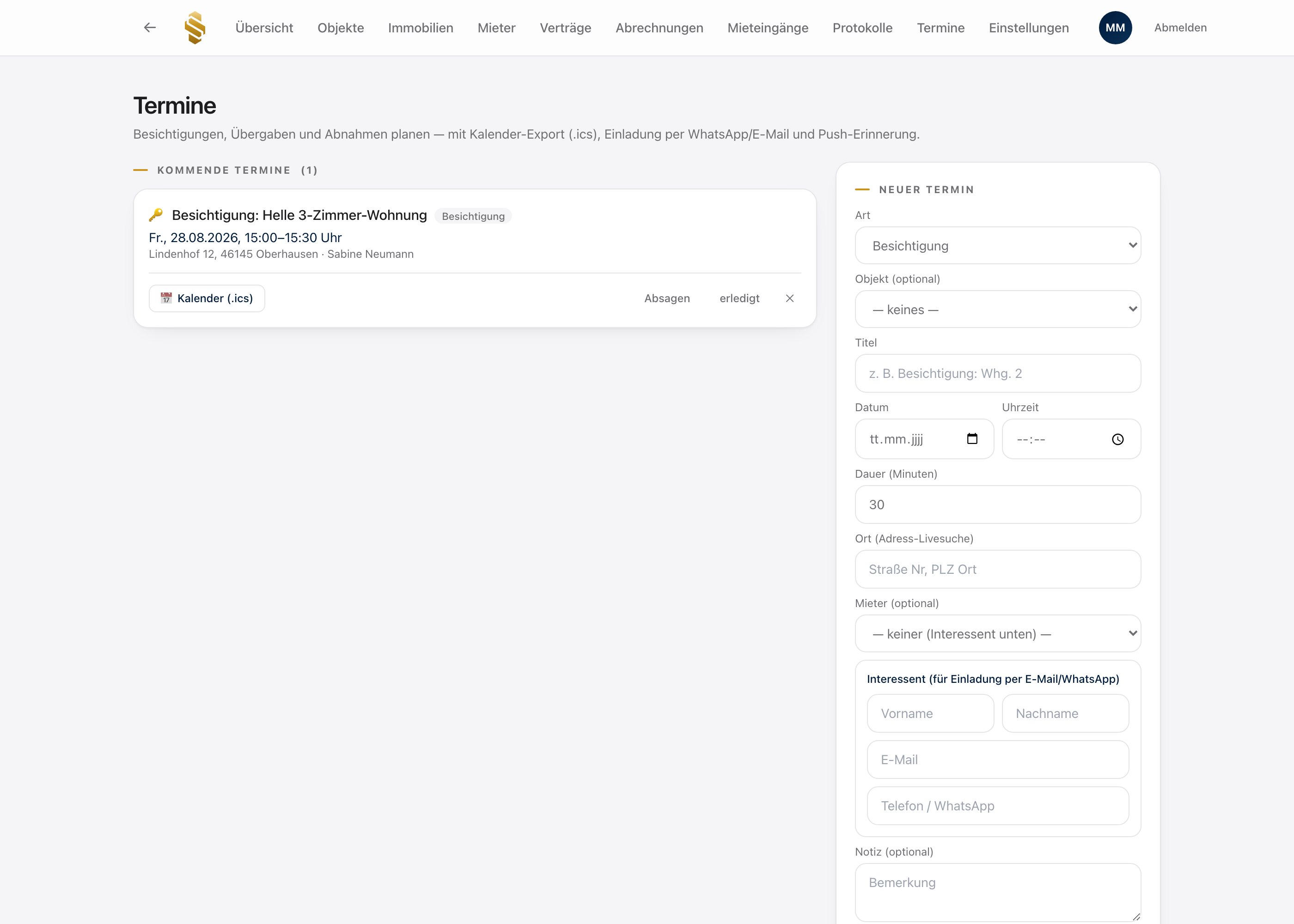 Terminverwaltung im SPro Manager: Besichtigungen mit Bestätigung per E-Mail (Beispieldaten)